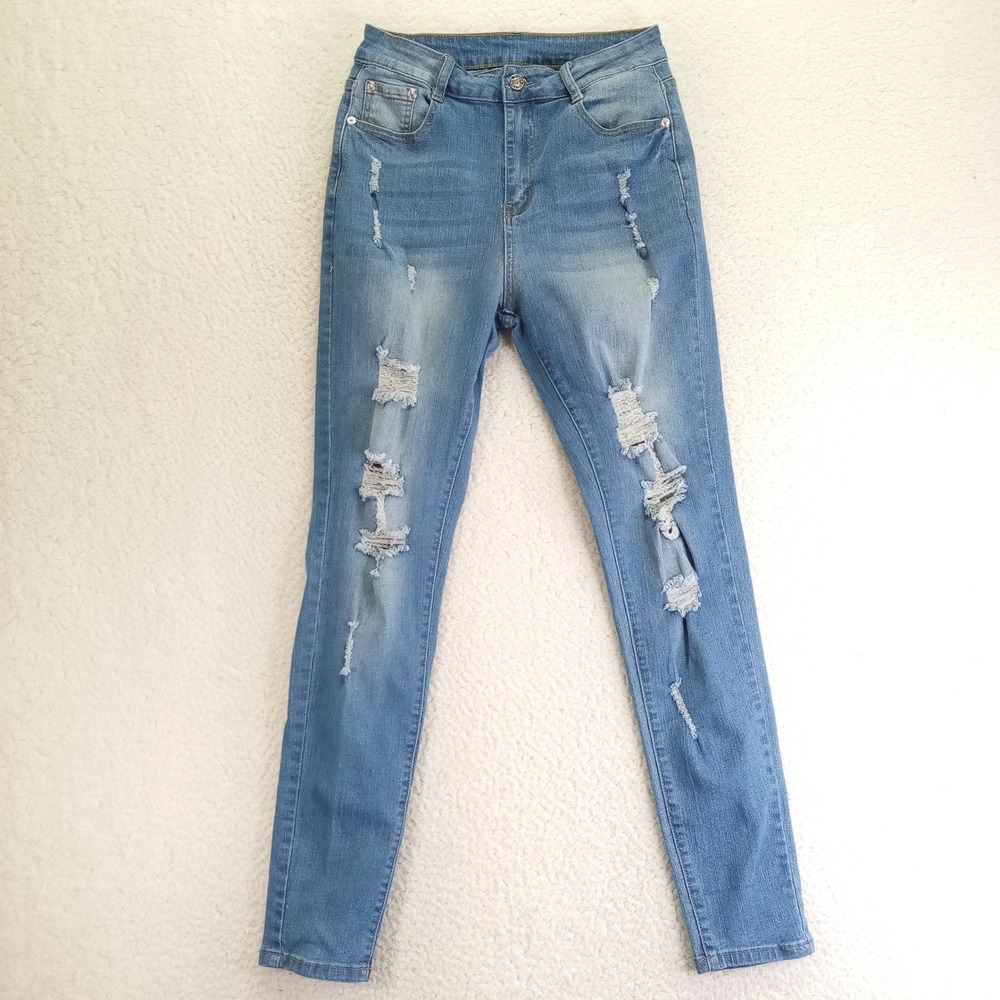 Fashion Jeans Denim Womens Distressed Skinny Jeans Medium Wash Blue Size 10 Dist